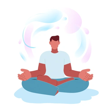 A person is seated in a cross-legged position on a soft surface, creating a sense of tranquility. The individual is surrounded by swirling lines representing "air" flowing in and out. These lines vary in gradient pastel colors, illustrating the movement of breath. Above the person, there are gentle waves of color that reflect the inhalation and exhalation. The overall composition conveys a sense of calm and mindfulness.