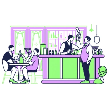 A stylish 1920s cocktail bar interior is depicted, featuring rich wooden paneling and an ornate mirrored bar. Behind the bar, two bartenders in white dress shirts and black vests are actively mixing classic drinks. One bartender is shaking a cocktail shaker above his head, while the other pours a drink into a glass from a bottle. Rows of elegant glassware and various bottles are arranged neatly on the shelves behind them. In the background, patrons in fashionable attire are seated at round tables, enjoying their drinks and engaging in conversation. A vintage chandelier hangs from the ceiling, casting warm light across the scene.