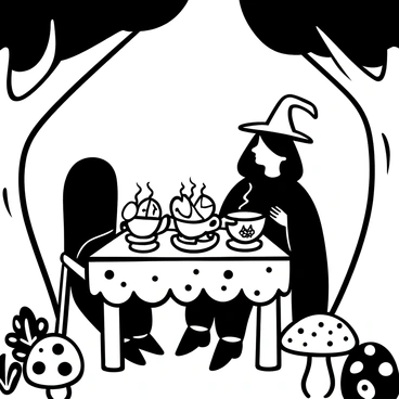 A medieval witch with a pointed hat and long robes is preparing a tea party at a small wooden table set under a canopy of trees. The table is adorned with an intricately patterned tablecloth. On the table, there are several magical pastries shaped like stars and moons, with intricate designs. There are steaming cups of tea that emit a soft glow, casting light on the surrounding area. Surrounding the table are whimsical mushrooms and enchanted plants, adding to the mystical atmosphere of the scene.