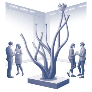 A sculpture made entirely from dried rhubarb stalks, artistically arranged to create an abstract form. The stalks vary in length and thickness, with some twisted and others standing upright, showcasing their natural texture. The sculpture stands on a sleek pedestal within a gallery space, illuminated by overhead lighting that highlights the intricate details of the dried material. The walls of the gallery are plain, ensuring the focus remains on the unique sculpture. Eager visitors can be seen admiring the piece, with a few taking notes or discussing its design.