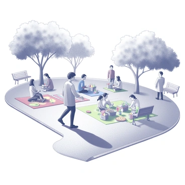 A person is walking on a grassy path towards a community gathering in a park. The individual is wearing casual clothing and has a relaxed posture while walking. In the background, several people are arranging colorful picnic blankets on the grass. Some individuals are unpacking baskets filled with food and drinks, while others are chatting and laughing. Trees provide a natural setting around the gathering, with a few benches scattered throughout the park. The atmosphere conveys a sense of community and outdoor enjoyment.