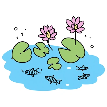 A tranquil garden filled with blooming "water lilies" and "lotuses" floating on the surface of a pond. The water is clear, revealing several "Pisces fish" swimming gracefully beneath the surface. The fish have distinct patterns, showcasing a mix of iridescent colors. The leaves of the water lilies and lotuses are broad and green, providing a lush contrast to the vibrant flowers above. The overall composition includes gentle ripples in the water, enhancing the peaceful atmosphere of the garden.