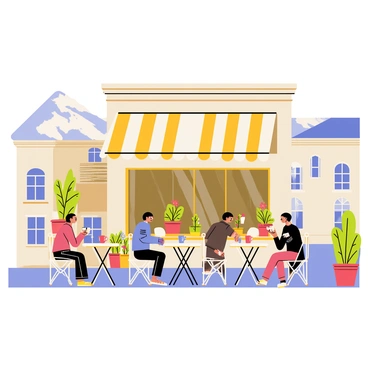 A charming street cafe in Grenoble features a quaint building with a warm, inviting facade. Several small round tables are set up outside, with people seated on metal chairs, sipping coffee and chatting. The cafe is adorned with colorful flower pots that add vibrancy to the scene. A large striped awning provides shade over the patrons, creating a cozy atmosphere. In the background, the street is lined with charming buildings and hints of the surrounding mountains are visible, enhancing the cafe's picturesque setting.