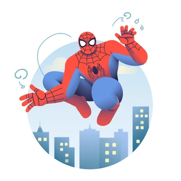 Spider-Man is depicted mid-air, with his body in a dynamic pose as he shoots webs from his wrists. He is wearing his iconic red and blue suit, featuring a black spider emblem on his chest. His mask covers his entire face, displaying a determined expression through the eye lenses. Below him, the city skyline is visible, with tall buildings and a blue sky in the background. The webs are extending outward, creating a sense of motion and action in the scene.