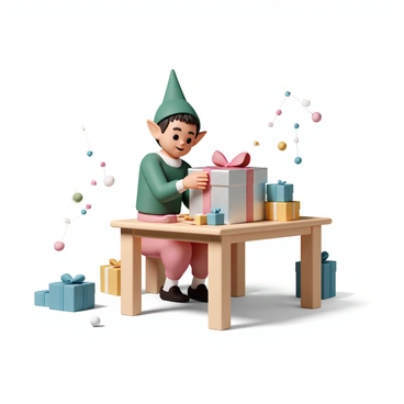 An elf, with pointy ears and wearing a vibrant green tunic and red pants, is sitting at a wooden table covered with various gifts. The elf is carefully wrapping a large present in shiny silver paper, securing it with a bright red ribbon. Scattered around the table are other wrapped gifts in different colors, including blue and gold. The elf's cheerful expression reflects excitement, and there are small colorful ornaments hanging in the background, adding to the festive atmosphere.