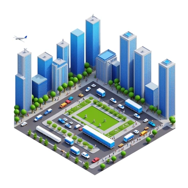 A bird's-eye view of a bustling city featuring numerous skyscrapers of varying heights and architectural designs. The city streets below are filled with a multitude of vehicles, including cars, buses, and taxis, all moving in different directions. Sidewalks are populated with pedestrians going about their day. The scene captures the vibrant urban life, with greenery from parks interspersed among the concrete structures. The aircraft above shows a clear view of the intricate layout of roads and buildings, highlighting the organized chaos of city life.