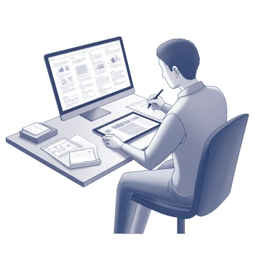 An illustrator is seated at a modern desk, intently working on a digital tablet. The screen displays multiple layers of mathematical formulas and design principles, arranged in an organized manner. The illustrator has one hand on the tablet and the other is holding a stylus, making adjustments to the design. In the background, there are sketches and reference materials scattered across the workspace, emphasizing the creative process. The scene captures the focus and precision of digital illustration.