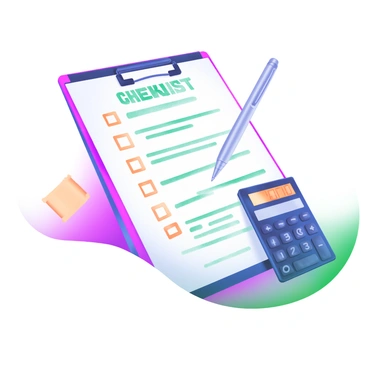 A modern pastel illustration of a clipboard featuring a detailed checklist with several boxes to check off. The checklist contains items written in clear, bold text. Next to the clipboard, there is a shiny pen placed horizontally, and a calculator with a digital display is positioned beside it. The background is a soft pastel color that complements the items on the clipboard.