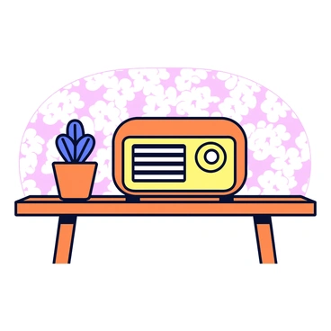 A retro illustration featuring a classic vintage radio with rounded edges and a circular dial on the front. The radio sits on a wooden table that has a polished finish. Behind the radio, there is a patterned wallpaper with a floral design in soft, muted colors. A small potted plant with round leaves stands beside the radio. The entire scene is bathed in warm, soft lighting that enhances the muted tones of the illustration.