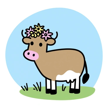 A brown cow standing in a grassy field, wearing a crown made of "daisies" and "sunflowers" resting on its head. The cow's large eyes are gently looking towards the viewer, and the vibrant flowers are bright against its fur. The background features simple green grass and a clear blue sky, completing the serene scene.