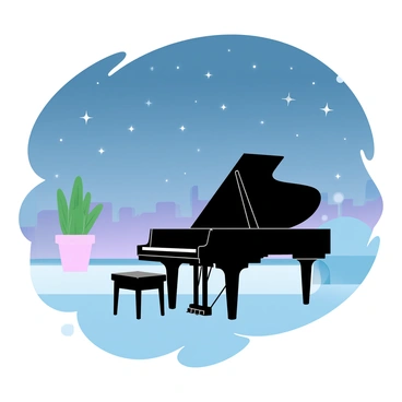 A grand piano is placed elegantly on a rooftop, its polished surface reflecting the night sky. The rooftop is adorned with a few potted plants, adding a touch of greenery. Above the piano, a vast expanse of dark blue sky is visible, filled with twinkling stars. Several constellations can be identified, their shapes softly glowing against the backdrop of the night. The scene has a tranquil ambiance, enhanced by the gentle silhouette of the city skyline in the distance.