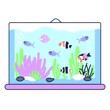 A large aquarium tank is filled with shimmering water, showcasing a variety of marine fish swimming gracefully. The tank is constructed with transparent glass, allowing a clear view of the underwater scene. Inside, there are multiple species of fish, including a vibrant clownfish and a sleek angelfish, each displaying unique patterns and colors. Colorful coral formations and aquatic plants are strategically placed throughout the tank, adding to the visual complexity. A few small rocks are located at the bottom, providing hiding spots for the fish. The surface of the water reflects light, creating a dynamic display of shimmering effects throughout the entire tank.