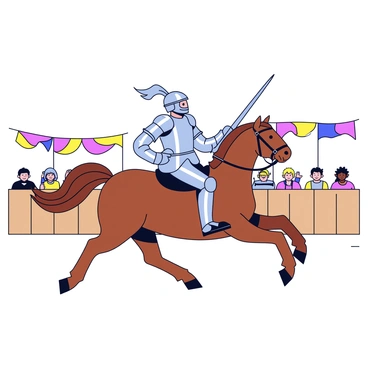 A knight wearing shiny silver armor is mounted on a brown horse. The knight is holding a long lance pointed forward as he charges ahead. The horse is in mid-gallop, with its mane flowing in the wind. The jousting arena is surrounded by wooden barriers, and there are spectators in the background. The ground is marked with dirt and there are colorful banners waving above the arena.