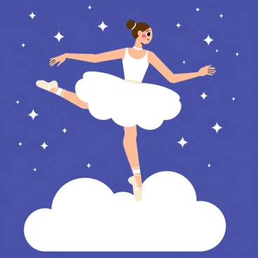 A ballerina wearing a white tutu and ballet slippers is gracefully dancing on a fluffy white cloud. Her hair is styled in a neat bun, and she has delicate arm movements as she performs a pirouette. The background is filled with a deep blue sky, scattered with numerous bright stars that twinkle. The scene captures a sense of elegance and movement as the ballerina floats above the cloud.