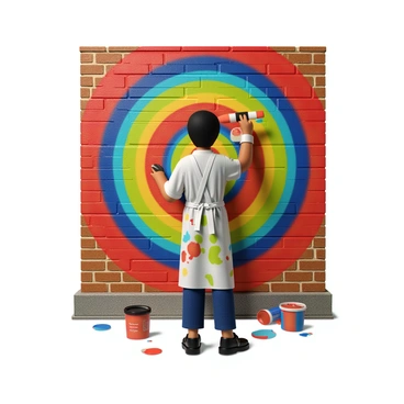 An artist with short black hair and wearing a paint-splattered apron stands in front of a large brick wall. She is focused on painting a large bullseye mural, using bright and vibrant colors such as red, blue, green, and yellow. The artist holds a wide brush in one hand, dipping it into a container of paint, while her other hand is poised to apply color to the wall. The brick surface of the wall has a rough texture, and the mural's design features concentric circles radiating outward from the center. Paint splatters are scattered around the base of the wall, showcasing the creative process.