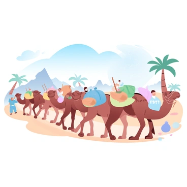 A caravan is making its way along the ancient Silk Road. Several camels are carrying large, colorful saddlebags filled with various goods, such as silk, spices, and pottery. Merchants, dressed in traditional attire, are walking alongside the camels, holding wooden staffs. The landscape includes distant sand dunes and rocky outcrops under a clear blue sky. In the background, a few palm trees are swaying gently, adding a touch of greenery to the arid scene. A faded map of the Silk Road is faintly visible in the corner, highlighting the historic trade route.