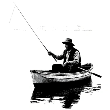 A fisherman is sitting in a small boat, positioned on still water. He is wearing a wide-brimmed hat and has a focused expression as he casts his fishing line into the water. The boat has visible wooden textures and a slightly weathered appearance. Surrounding the boat, there are gentle ripples in the water, conveying the motion from the line being cast. In the background, there are hints of distant trees and a calm sky, enhancing the tranquil atmosphere of the scene. The illustration captures fine details throughout, emphasizing the textures of the fisherman’s clothing and the boat's surface.