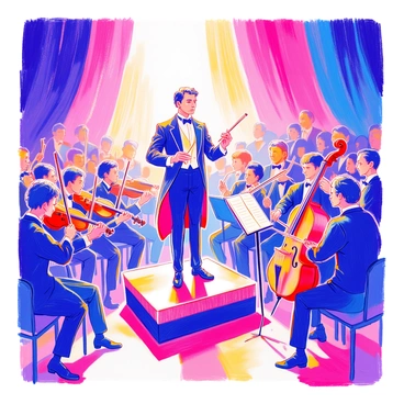An orchestra conductor stands confidently on a raised podium, bathed in a bright spotlight. The conductor is dressed in a formal black tuxedo, holding a baton in one hand, and has a look of concentration on their face. Surrounding the conductor are musicians in formal attire playing various instruments, including violins, cellos, and brass instruments. The musicians are intently focused on the conductor's gestures, creating a dynamic atmosphere. The background is filled with soft silhouettes of the orchestra, enhancing the focus on the conductor and the musicians.