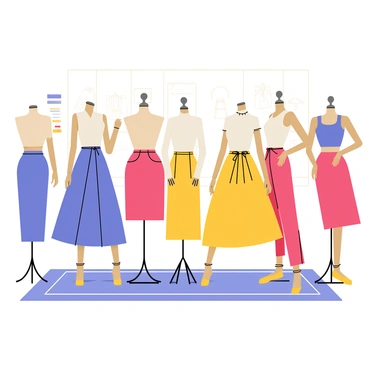 A fashion designer's showroom filled with bright, colorful skirts displayed on elegant mannequins. The mannequins are in different poses, showcasing a variety of skirt styles, including a flowing blue maxi skirt, a fitted red pencil skirt, and a playful yellow A-line skirt. The walls of the showroom are adorned with fashion sketches and swatches of fabric. Soft lighting illuminates the skirts, highlighting their textures and patterns. A stylish rug covers the floor, adding to the sophisticated atmosphere of the showroom.