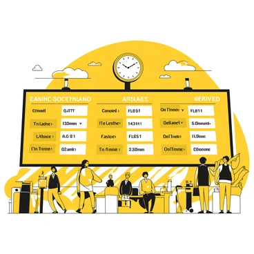 A large arrivals information board displaying various flight details. The board features numerous rectangular panels, each illuminated with bright white text. The text indicates different flight numbers, airlines, and statuses such as "Landed," "Delayed," and "On Time." There are arrows directing attention towards specific flights. The overall setting includes a busy airport terminal in the background with travelers waiting and checking their flight information. A large clock is visible above the board, showing the current time.