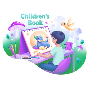 An illustrator is sitting at a cozy desk, surrounded by colorful art supplies and sketchbooks. On the desk, there is a large open sketchbook displaying a colorful, whimsical character, a friendly dragon with big eyes and a wide smile. Nearby, a glowing fairy with delicate wings flutters around, casting a soft light. The background features a vibrant, enchanted forest filled with oversized mushrooms, sparkling stars, and playful animals peeking through the foliage. The scene conveys a sense of creativity and magic, with the words "Children's Book" in playful lettering above the sketchbook.