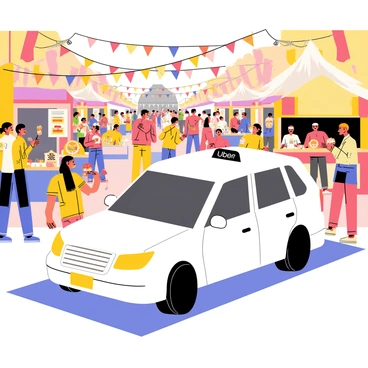 An Uber car parked near a lively cultural festival with colorful decorations and people