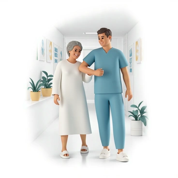 A nurse, wearing blue scrubs and white sneakers, is assisting a middle-aged patient. The nurse has short brown hair and is gently guiding the patient with a supportive hand on their elbow. The patient, dressed in a hospital gown and slippers, looks slightly unsteady but is smiling. They are walking down a well-lit hallway decorated with motivational posters and potted plants. Both the nurse and the patient are exchanging encouraging smiles, creating a comforting atmosphere. The hallway has white walls and shiny floor tiles, adding to the clinical setting.