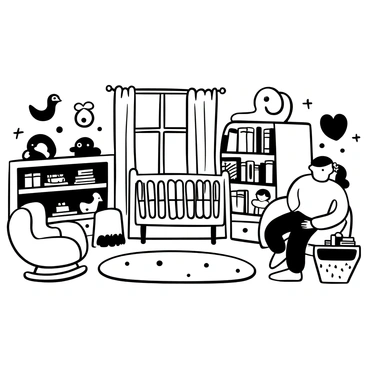 A cozy nursery with soft furniture arranged in a warm, inviting layout. The walls are adorned with intricate black-and-white illustrations inspired by Atelier Choux, depicting whimsical scenes of animals and nature. A plush rug lies in the center of the room, surrounded by a crib and a comfortable rocking chair. A large bookshelf filled with children's books is positioned against one wall, while a small table with art supplies occupies a corner. Gentle light filters through a window draped with light curtains, creating a peaceful atmosphere.