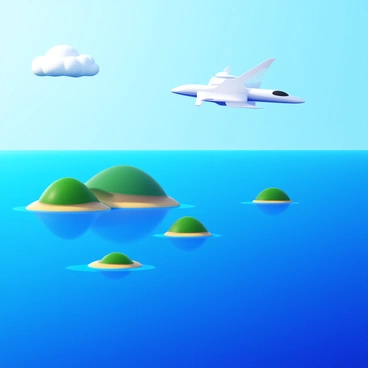 An electric plane soaring through the sky above an ocean. The surface of the water is a vibrant blue, reflecting the sunlight. Small islands are scattered across the horizon, each covered in lush greenery. The plane has sleek, modern designs with visible electric propulsion technology. Fluffy white clouds are present in the sky, adding depth to the scene.