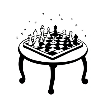 A small round table with a miniature chess set displayed on top. The chessboard, intricately designed, features tiny pieces made of wood, each showcasing distinct shapes for pawns, rooks, knights, bishops, queens, and kings. The table has ornate legs, adding elegance to its overall appearance. Surrounding the table are delicate shadows cast by the pieces, emphasizing their small size. In the background, there's a soft texture suggesting a cozy interior space.