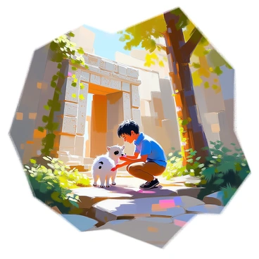 Tintin exploring ancient ruins covered in vines and moss