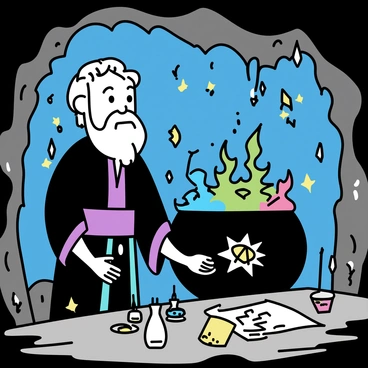 An alchemist with a long beard, wearing a dark robe, stands beside a large, bubbling cauldron. The cauldron is filled with vibrant, swirling liquids in hues of green, blue, and red. Illuminated by glowing crystals embedded in the cave walls, the mysterious cave has a rocky floor and shadows cast by the flickering light. Various glass vials and herbs are scattered on a wooden table nearby, while a parchment with arcane symbols lies open in front of the alchemist.