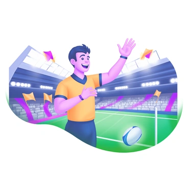 A rugby referee stands in the center of a lively stadium, signaling a try with an enthusiastic gesture. The referee has a big smile on their face, radiating excitement. Surrounding the referee, enthusiastic fans in the stands cheer and wave colorful flags, creating a vibrant atmosphere. The grass of the rugby field is lush and green, and the goalposts are clearly visible in the background, enhancing the lively scene. Bright stadium lights illuminate the action, adding to the energetic environment.
