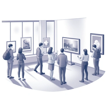 A group of visitors interacts and observes different artworks displayed in a spacious gallery setting. Some individuals are standing close to an abstract painting, discussing its details, while others are admiring a sculpture positioned on a pedestal. A few attendees are taking notes or sketching in their notebooks. The walls are adorned with framed pieces, showcasing a variety of styles and mediums. The floor is polished, reflecting the forms of the artworks and the movement of the visitors. Natural light filters in through large windows, illuminating the space and enhancing the visual experience.