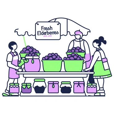 A market stall is bustling with activity, showcasing an assortment of baskets filled with dark elderberries. The baskets are arranged neatly, some overflowing with the plump berries. Beside the elderberries, several jars of homemade jams are displayed prominently on a wooden table. Each jar is sealed with a fabric cover and tied with twine. A sign hangs above the stall, reading "Fresh Elderberries and Jam," while a few customers browse the offerings. The scene captures the vibrant ambiance of a lively market.
