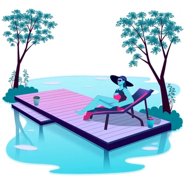 A wooden deck by a peaceful lake, with a person relaxing on a lounge chair