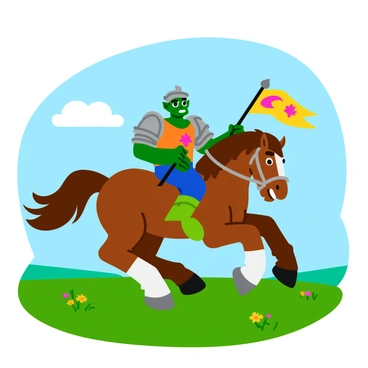 An orc with green skin and sharp tusks sits atop a large, muscular war horse. The horse is a deep chestnut color with a flowing mane. The orc wears intricate armor that glints in the sunlight, and he holds a colorful banner featuring bold symbols that flutter in the wind. They are galloping across a vast grassy plain, dotted with patches of wildflowers. The horizon is broad, and a few fluffy clouds float in a bright blue sky.