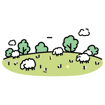 A flock of sheep is grazing in a green meadow. Each sheep has a fluffy, white body, with round, cloud-like backs. The meadow is dotted with wildflowers in shades of yellow and purple. A few trees are visible in the background, creating a natural border around the scene. The sky above is clear, with a few soft clouds. The sheep are scattered throughout the meadow, some grazing while others are lying down.
