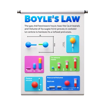 A colorful educational poster titled "Boyle's Law" featuring clear and engaging illustrations. The poster includes a detailed diagram depicting the relationship between gas pressure and volume in a container. There are charts that show how pressure increases as volume decreases, with labeled axes. Various examples of gases are illustrated, such as balloons and syringes, demonstrating the principles of Boyle's Law. The background is filled with vibrant colors to enhance visual appeal, drawing attention to key concepts and facilitating learning.