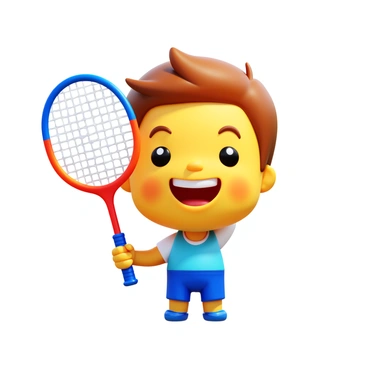 A child with a big smile is holding a brand new badminton racket. The child has bright eyes and an expression of excitement. The badminton racket features a colorful design with a vibrant grip. The child's clothing is casual and playful, adding to the joyful atmosphere. The background is simple, focusing attention on the child and the racket.