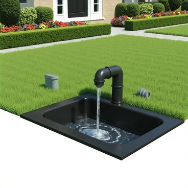 The sump pump discharging water outside, with a garden in the background.