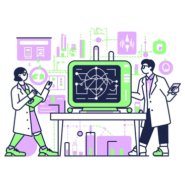 A high-tech laboratory is filled with advanced scientific equipment and instruments. In the center of the room, a large quantum computer with numerous blinking lights and cables is displayed prominently on a sleek workstation. Two scientists are engaged in work; one is a man with glasses, wearing a lab coat and focusing on a computer screen filled with complex data, while the other is a woman with long hair, also in a lab coat, taking notes on a digital tablet. Surrounding them are various equipment, including oscilloscopes, test tubes filled with colorful liquids, and screens showing quantum algorithms. The atmosphere is busy and intense, indicating a high level of research activity.