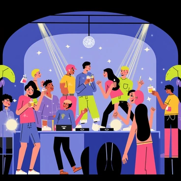 An underground club scene in Berlin featuring a dimly lit room with colorful flashing lights in shades of blue, pink, and green. The crowd consists of people dressed in vibrant clothing, dancing energetically. Some individuals are holding drinks while others are chatting and laughing. There is a DJ booth at the front with a DJ wearing headphones, mixing tracks. Various decorations adorn the walls, adding to the club's vibrant atmosphere, while a disco ball hangs from the ceiling, reflecting light across the room.
