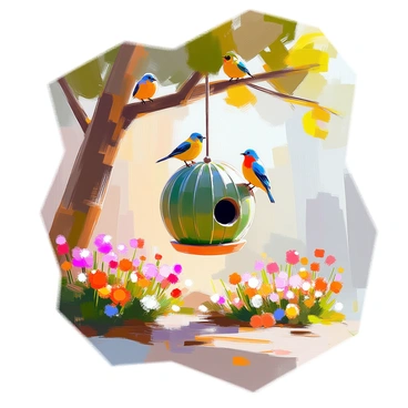 A unique birdhouse shaped like a cactus is suspended from a tree branch in a vibrant garden. The birdhouse features green, textured surfaces resembling cactus spines, with small openings for birds to enter. Surrounding the base of the tree, colorful flowers bloom in various shapes and sizes, adding to the lively atmosphere. Sunlight filters through the leaves, casting gentle shadows on the ground, where patches of grass and soil are visible. The scene is inviting, with birds perched on nearby branches, ready to explore their new home.