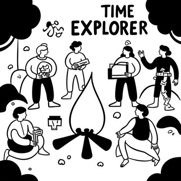 A group of figures dressed in futuristic attire stands around a large, roaring fire. The figures display various technological gadgets and tools. Several cavemen, clad in primitive clothing, are gathered closely, observing the explorers with curiosity. The fire casts flickering shadows on the surrounding rocks and trees. Some cavemen are seated on the ground, while others are standing, pointing at the explorers' gadgets. The atmosphere is filled with intrigue and a sense of discovery. "Time Explorers" is prominently displayed above the scene.
