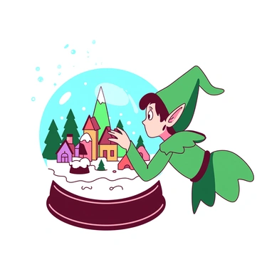 An elf with pointed ears and vibrant green attire is curiously peering into a magical snow globe. Inside the globe, there is a tiny village with colorful houses, surrounded by sparkling white snow. The elf's eyes are wide with wonder as they lean closer, one hand gently touching the surface of the globe. Snowflakes are falling around the globe, adding to the enchanting atmosphere of the scene. The colors of the elf's outfit contrast with the crystal clear globe, making the tiny village inside appear even more captivating.