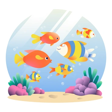 A vibrant school of fish featuring various colors, including bright orange, yellow, and blue, is swimming together in a fluid motion. The fish are of different species, showcasing a mix of shapes and sizes. Surrounding them is a lush coral reef, rich in detail, with coral formations in shades of pink, purple, and green. Sunlight filters through the water, casting shimmering patterns on the sandy ocean floor below. Small bubbles are rising from the fish as they gracefully navigate through the underwater landscape.