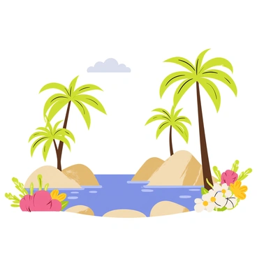 A peaceful oasis featuring a small, clear pond at the center. The pond is bordered by smooth stones, reflecting the vibrant blue sky above. Surrounding the pond are tall, green date palms with fronds gently swaying in the breeze. Brightly colored flowering shrubs in shades of pink, yellow, and white bloom around the edges, adding bursts of color to the scene. A few fluffy white clouds float in the sky, completing the tranquil atmosphere of the oasis.