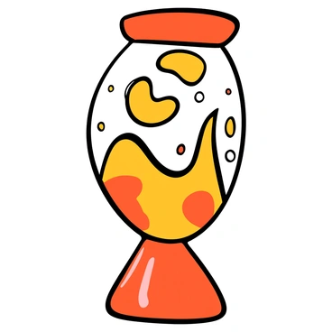 A lava lamp with a glossy glass exterior, featuring colorful wax shapes inside that are actively moving and transforming. The wax is a bright orange hue, blending into yellow and red tones as it rises and falls within the lamp. The warm glow of the lamp illuminates the surrounding area, creating a playful ambiance. The wax takes on various forms, resembling blobs and elongated strands, as it slowly bleeds into different shapes, emphasizing the fluid nature of the lava lamp.