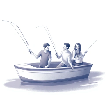 A small boat floats gently on the water's surface. Inside the boat, three friends are engaged in sardine fishing. One person is holding a fishing rod, focused on the task, while another is laughing and holding a bucket filled with sardines. The third friend is sitting on the edge of the boat, casting a line into the water. Above, the sun shines brightly, casting clear shadows on the boat and illuminating the joyful expressions of the friends. The water reflects the sun's light, creating a lively atmosphere around them.